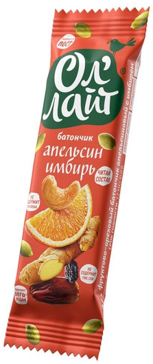 Батончик фруктово-ореховый Апельсин и Имбирь, ОлЛайт, 30г Батончик фруктово-ореховый Апельсин и Имбирь, ОлЛайт, 30г